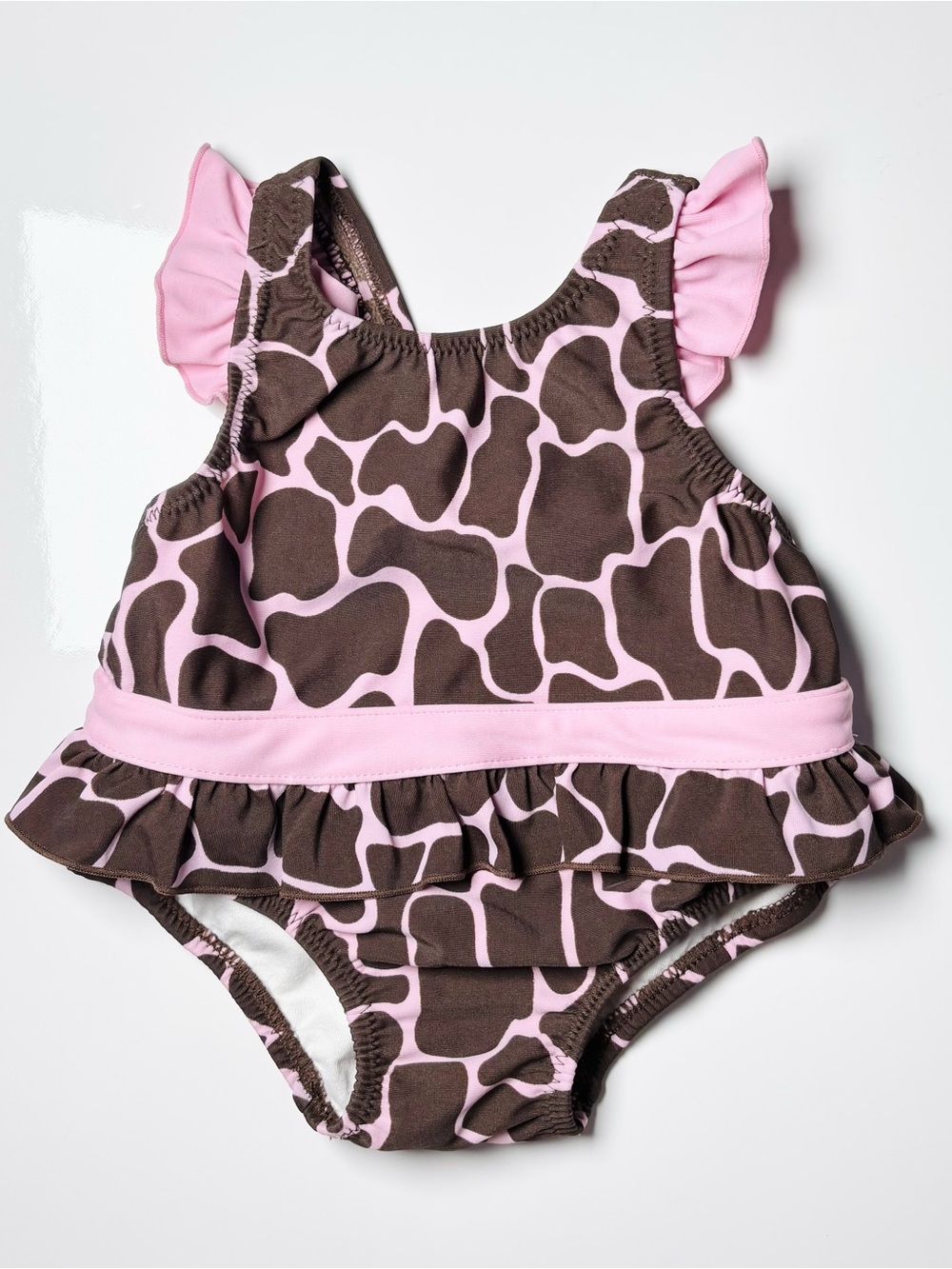 Infant Girls Pink & Brown Giraffe Print Ruffle Swimsuit  scoop-neck Swim Summer